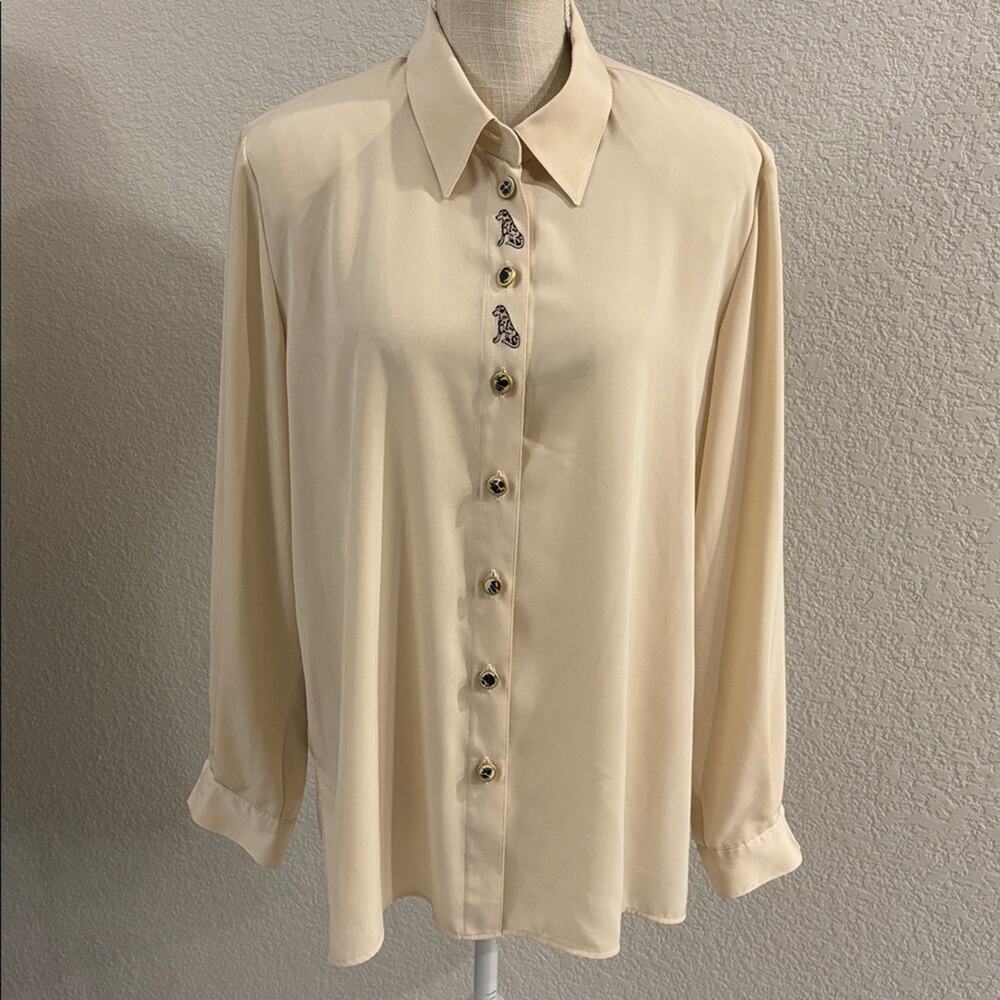Frankenwalder Cream Button-Up Blouse Embroidered Dogs Vintage Grandmacore Sz 44